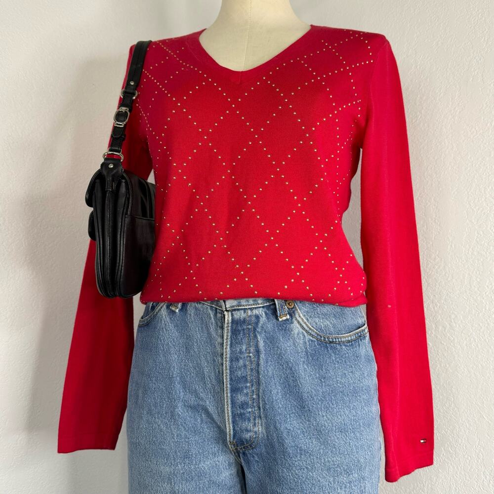 NWT Tommy Hilfiger Red Lightweight V-Neck Sweater Shirt Ringtones Small